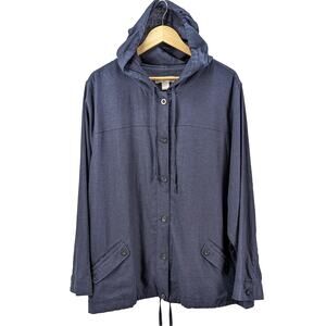 CJ Banks Linen Button Down Hoodie Shacket Coastal Nautical Minimalist Navy 3X
